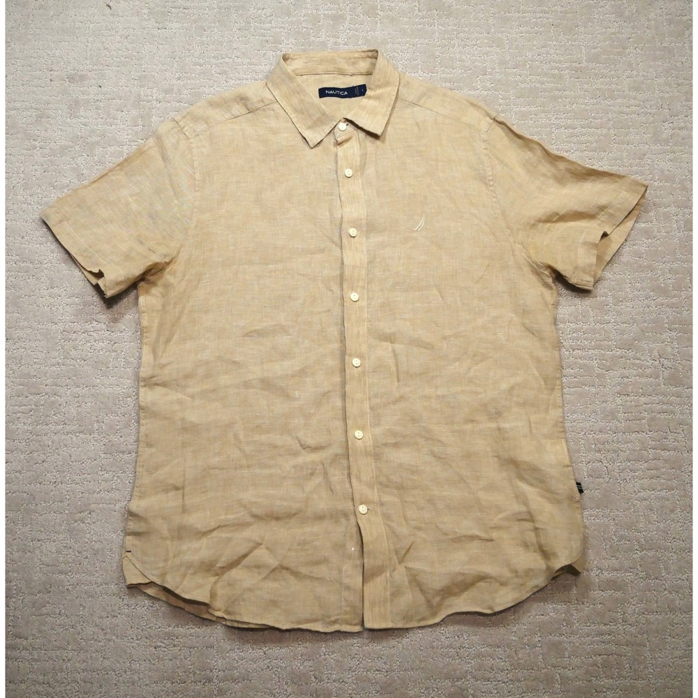 Nautica Mens‎ Short Sleeve Button Down Shirt Tan 100% Linen Large F021330 422